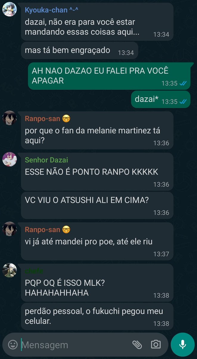 Conversas vazadas do grupo de WhatsApp da agência mostram imagem, ou meme, de atsushi nakajima, veja a seguir: