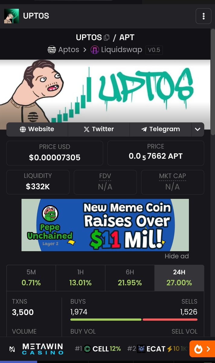 This is Aptos season APTOSBER!

You definitely don't want to miss meme season on Aptos. <a href="/Uptos_/">UPTOS</a> still very cheap, mcap around 4.6Mil and will soon reach 10Mil mcap.

Dev is also cooking Telegram Bot that allows users to buy PumpUptos tokens, graduated tokens and tokens on DEX.