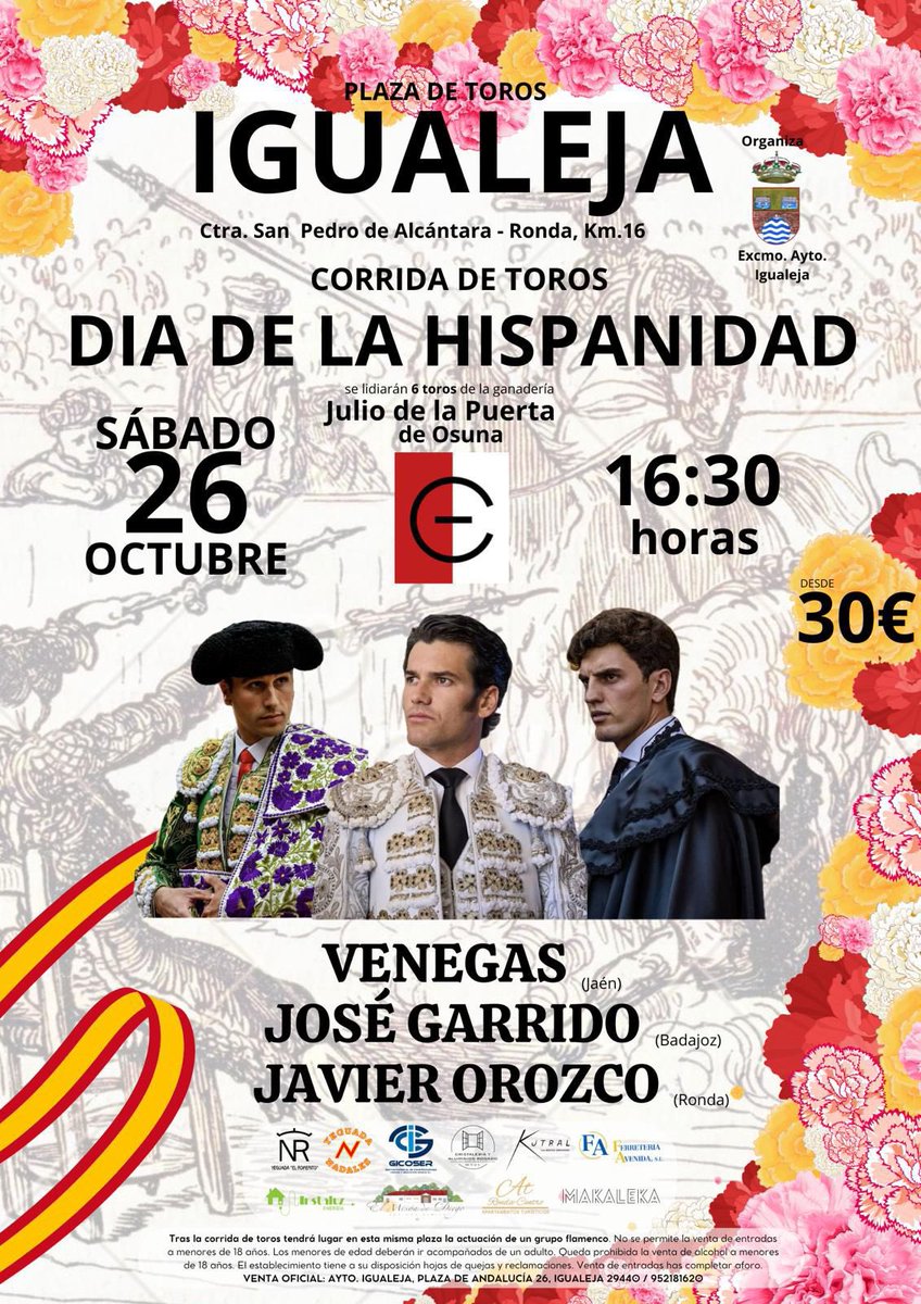 Aplazada la corrida del 12 de Octubre 

🆕 Nueva  Fecha

📅 26 de Octubre de 2024
🇪🇸 Dia de la Hispanidad 
🕟 16:30
📍 Plaza de Toros Igualeja 
🐂 Toros de Julio de La Puerta

#Rondeño