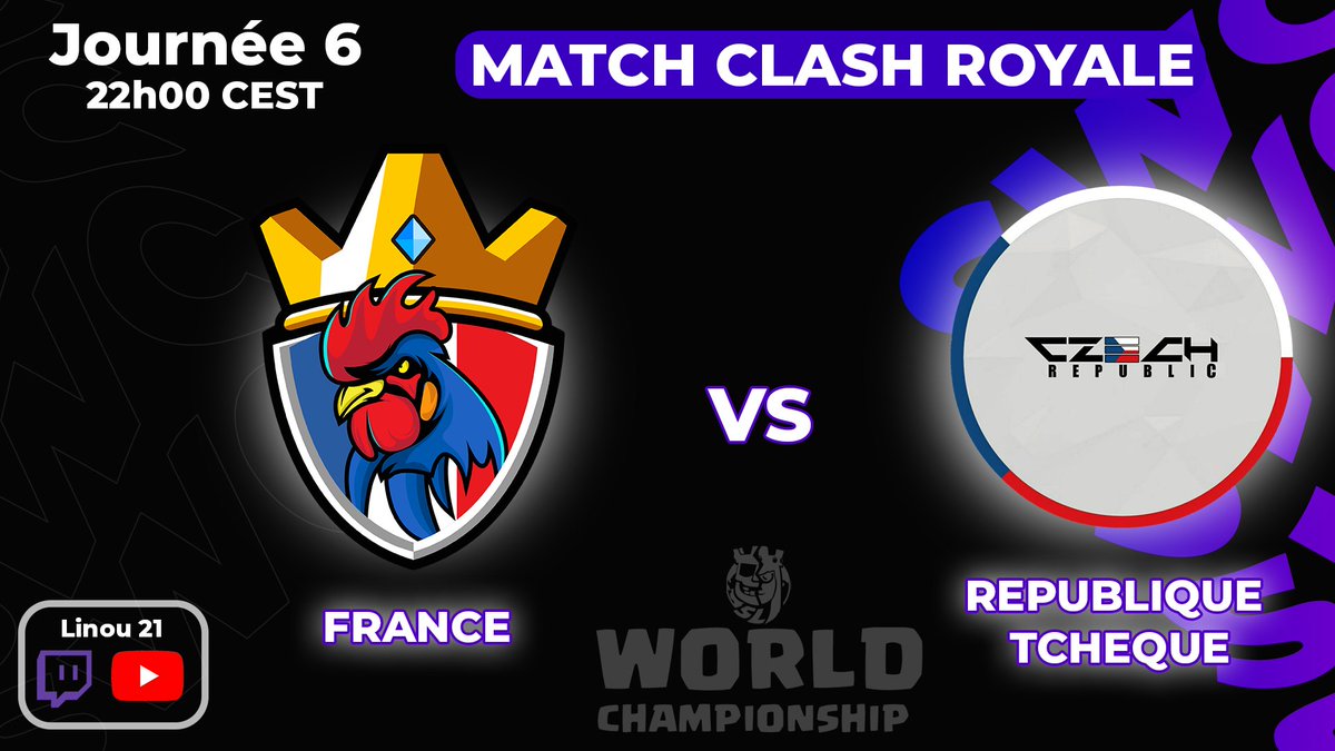 La France 1ère de son groupe, à Match ce soir à 22H00 🇲🇫 sur du #clashroyale !! 🔥

⚔️Journée 6 des Worlds <a href="/CR_Supremacy/">Supremacy League</a> :
     <a href="/TeamFranceCR/">Équipe de France ⭐</a> 🆚 <a href="/TeamCZE_CR/">Team Czech Republic CR</a>

Venez les encourager sur mes chaines : 
▪️ youtube.com/@Linou21
▪️ twitch.tv/linou21

Je comptes sur vous !