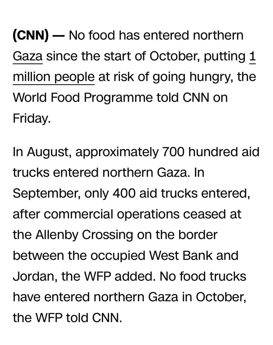 UN says no food has entered northern Gaza since start of October, putting 1 million people at risk of starvation, per <a href="/CNN/">CNN</a>