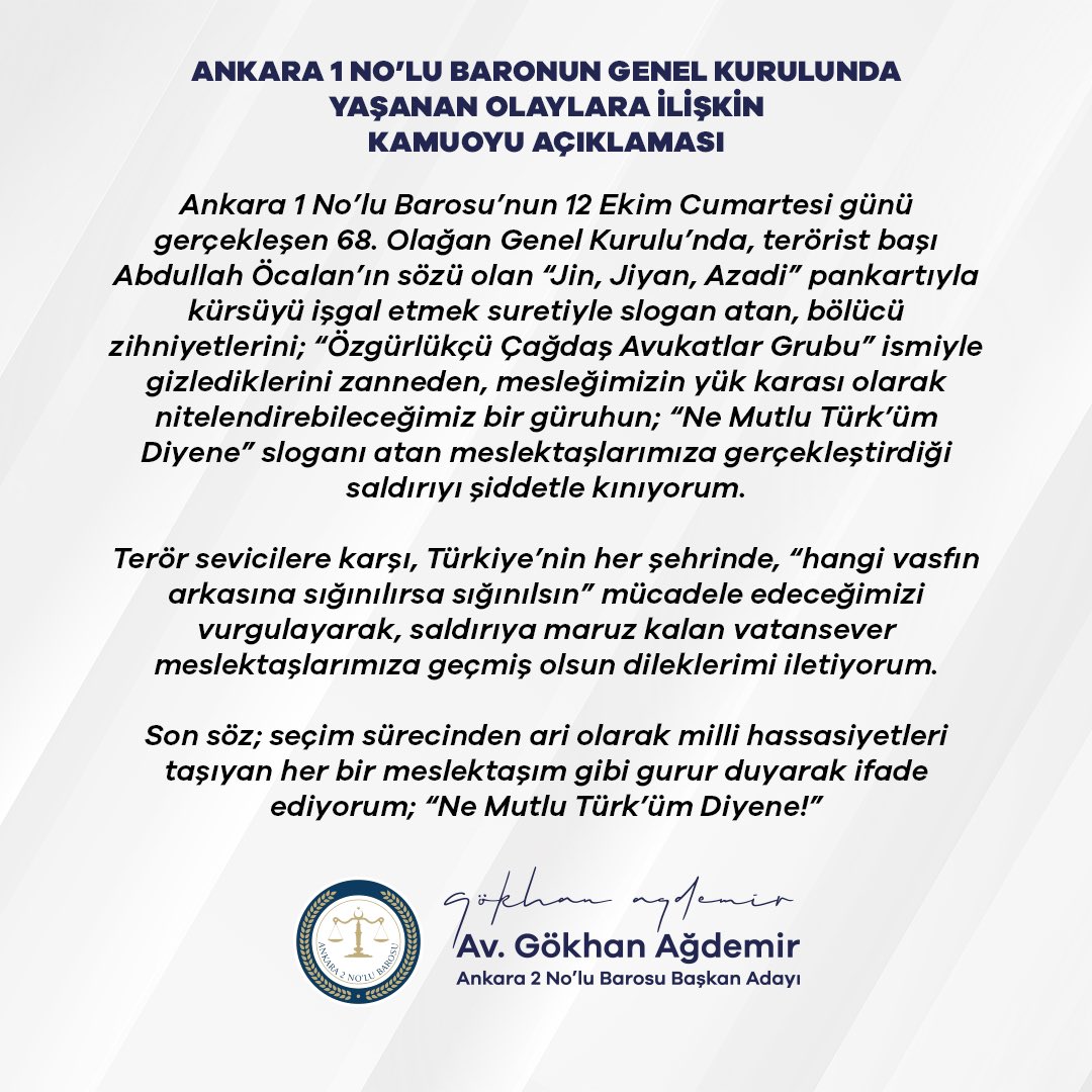 Ankara 1 No’lu  Baronun Genel Kurulunda yaşanan olaylara ilişkin kamuoyu açıklaması.

Kamuoyuna saygı ile duyurulur…