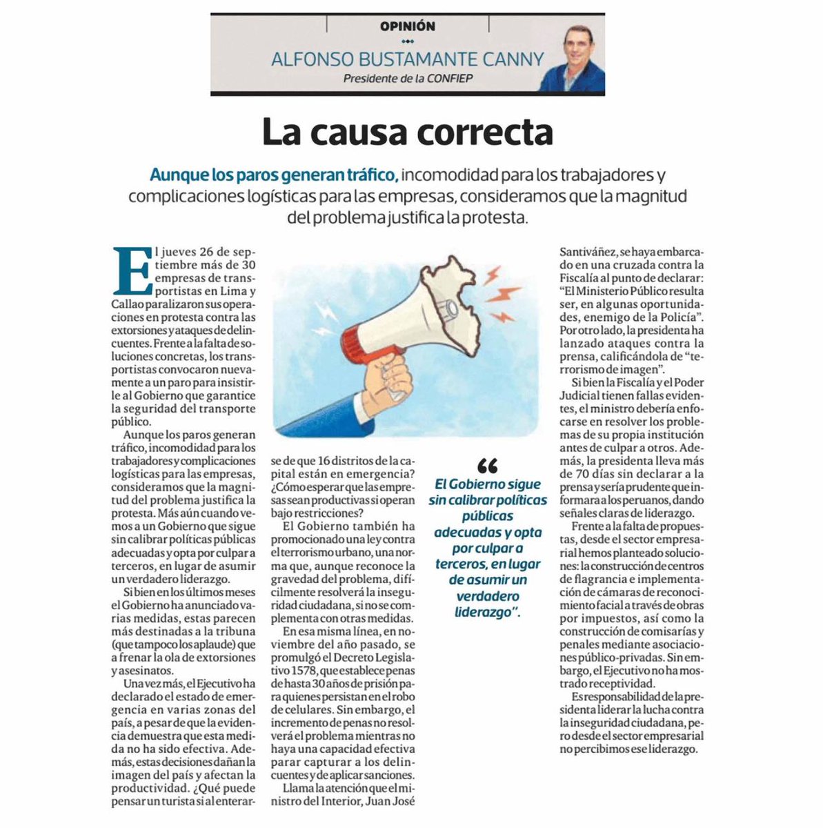 La Confiep apoya el paro. "La magnitud del problema justifica la protesta", escribe su presidente, Alfonso Bustamante, en esta columna👇en Gestión.

Cierra diciendo que "el sector empresarial" no percibe el liderazgo de Dina Boluarte contra la delincuencia. ¿Alguien lo percibe?
