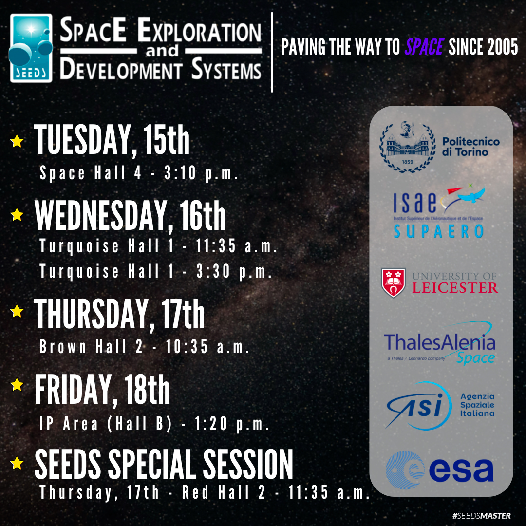 🚀 Save the Date!
The SEEDS Master Program will be at the <a href="/IAC2024/">IAC 2024</a> in Milan! 🌍 Check out the image for dates and times of our conferences. We look forward to discussing the future of space exploration with you!
#IAC2024 #SpaceExploration #SEEDSMASTER #Aerospace #Milan