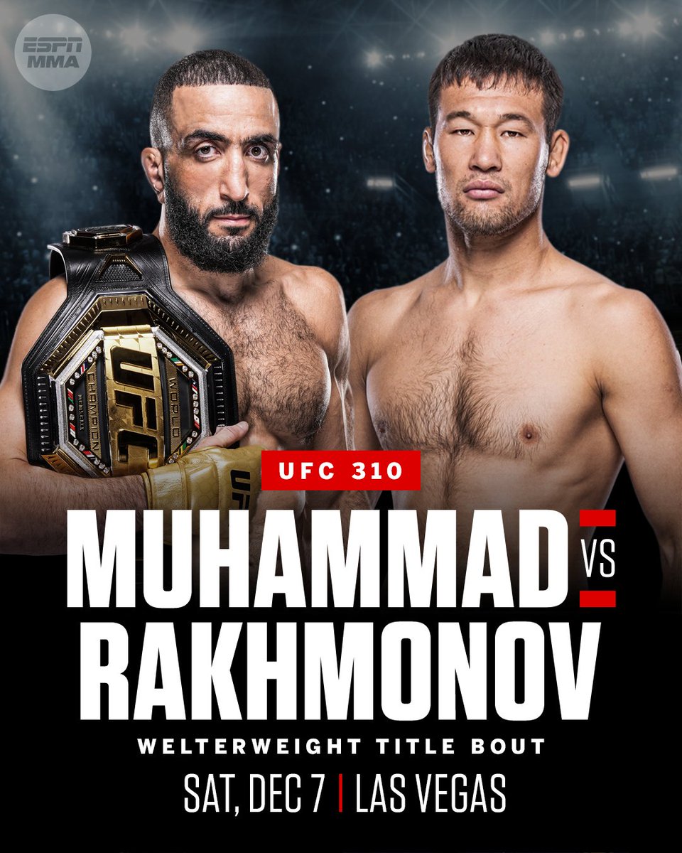 Belal Muhammad will defend his welterweight title against Shavkat Rakhmonov at #UFC310 on Dec. 7 in Las Vegas, Dana White announced.
