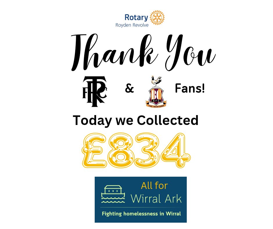 roydeɴ revolve roтαry clυв (@roydenrevolve) on Twitter photo Massive thanks to <a href="/tranmererovers/">Tranmere Rovers FC</a> who let us collect today before their match against <a href="/officialbantams/">Bradford City AFC</a> .
All £834 collected will be going to <a href="/wirralark/">Wirral Ark</a> to help the homeless on the Wirral. (£142 from the away end)
#tranmere #bradford #wirralark #homeless #swa #trfc Massive thanks to <a href="/tranmererovers/">Tranmere Rovers FC</a> who let us collect today before their match against <a href="/officialbantams/">Bradford City AFC</a> .
All £834 collected will be going to <a href="/wirralark/">Wirral Ark</a> to help the homeless on the Wirral. (£142 from the away end)
#tranmere #bradford #wirralark #homeless #swa #trfc