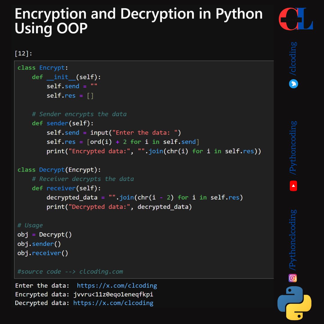 clcoding's tweet image. Encryption and Decryption in Python Using OOP