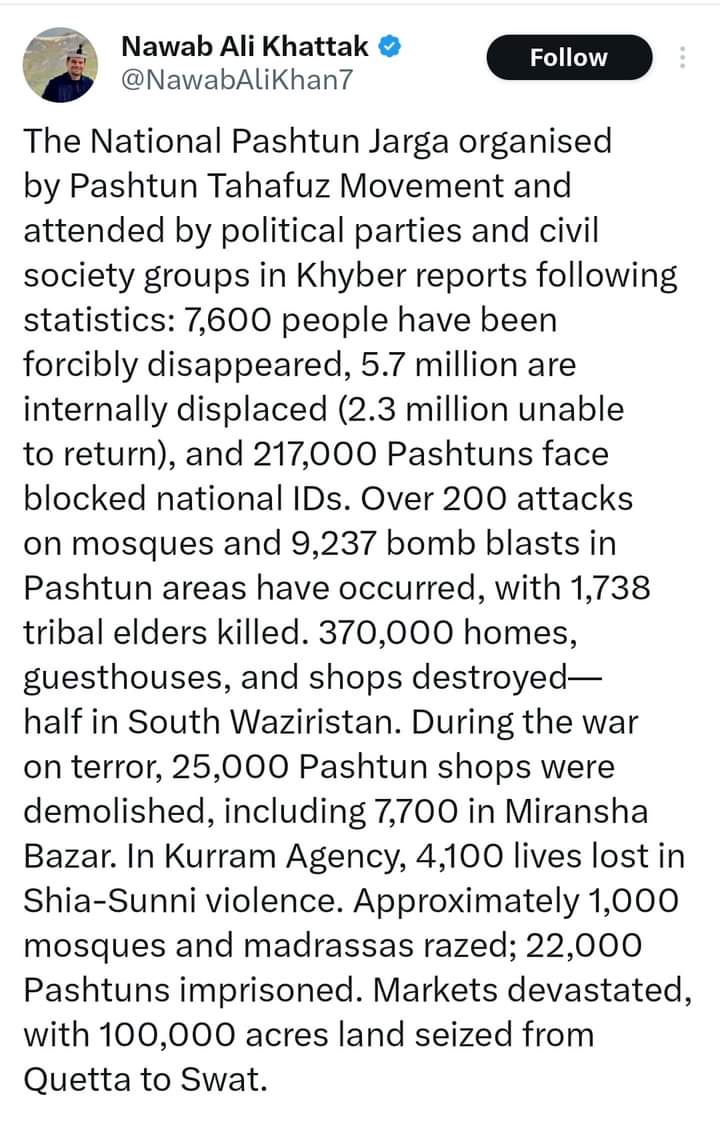 stoooray's tweet image. Information and statistics about Pashtuns' sufferings due to war on terror and post-9/11 violence in Pakistan:

#PashtunNationalJirga 
#PashtunLivesMatter