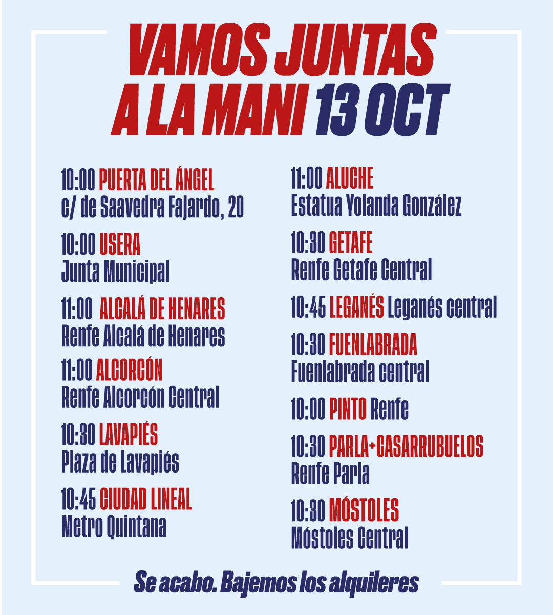 Mañana salimos en grupo de los barrios y pueblos para petar Madrid ⚡

Júntate con tus vecinas para desayunar y vamos en bloque a gritar que se acabó ❤️‍🔥

En el siguiente tweet algunos desayunos que hemos organizado! 💫