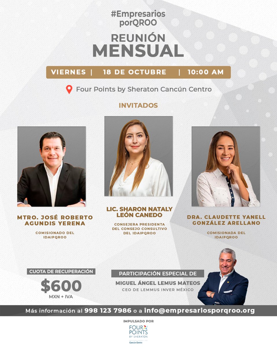 En alianza con <a href="/Empresariospor1/">Empresariosporqroo</a>, el Consejo Consultivo del <a href="/IDAIPQRoo/">IDAIP QROO</a> llevará a cabo un Foro con <a href="/maklozano/">Magda Lozano Ocman</a> Comisionada Pta. Y los Comisionados <a href="/AgundisYerena/">Roberto Agundis Yerena</a> y <a href="/Lic_Claudette13/">Claudette Gonzalez</a>. Creando un espacio de diálogo con el sector empresarial.
Agradecemos a  su Presidente <a href="/oigres14/">Sergio León Cervantes</a>. 👇