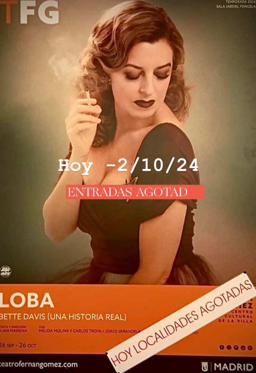 🎭 🔴 ENTRADAS AGOTADAS HOY 12/10/24 🔴 🎭 

No se recomienda esperar hasta el último día de representación.

🗓️ Solo hasta el 26 de octubre de 2024. 

Loba es un montaje que homenajea al séptimo arte y a las divas de la gran pantalla, donde la emoción, el amor por el cine