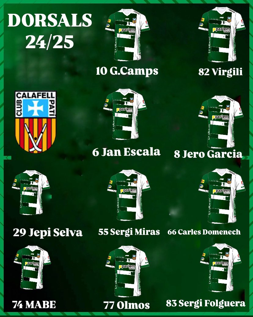cpcalafell's tweet image. 💥Aquests són els dorsals que portaran els nostres jugadors durant la temporada 2024/25

🥅 10 @cmps10 
🥅 82 Virgili 
🏒    6 @janescala5 
🏒.   8 Jero
🏒 29 @jepiselva 
🏒 55 @sergimirasv5 
🏒 66 @cdomenech_6 
🏒 74 @maabee74 
🏒 77 J.Olmos
🏒 83 @SergiFolguera