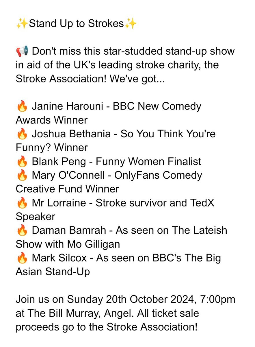 Alex Bertulis-Fernandes (@alexbertanades) on Twitter photo Don't miss this comedy night in aid of
<a href="/TheStrokeAssoc/">Stroke Association</a>, featuring:
✨<a href="/marksilcox/">Mark Silcox</a>
✨<a href="/dsbamrah/">Daman Bamrah</a>
✨<a href="/joshuabethania/">Joshua Bethania Comedy</a>
✨<a href="/BlankPeng404/">Blank Peng</a>
✨<a href="/marydoesgigs/">Mary O’Connell</a>
✨<a href="/MistaLorraine/">Mr Lorraine</a>
✨Janine Harouni
Join us next Sunday 20th October, 7pm at <a href="/angelcomedy/">Angel Comedy</a>! 🎟️ Get your tickets: bit.ly/3ZxoSEQ Don't miss this comedy night in aid of
<a href="/TheStrokeAssoc/">Stroke Association</a>, featuring:
✨<a href="/marksilcox/">Mark Silcox</a>
✨<a href="/dsbamrah/">Daman Bamrah</a>
✨<a href="/joshuabethania/">Joshua Bethania Comedy</a>
✨<a href="/BlankPeng404/">Blank Peng</a>
✨<a href="/marydoesgigs/">Mary O’Connell</a>
✨<a href="/MistaLorraine/">Mr Lorraine</a>
✨Janine Harouni
Join us next Sunday 20th October, 7pm at <a href="/angelcomedy/">Angel Comedy</a>! 🎟️ Get your tickets: bit.ly/3ZxoSEQ