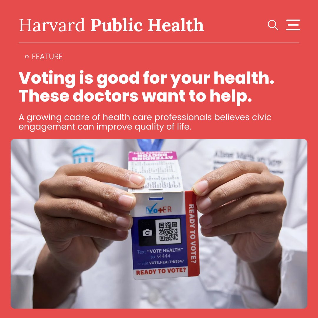Have you read our latest feature in Harvard Public Health Magazine? 🗞️ Read about how Dr. <a href="/AlisterFMartin/">Alister Martin</a>'s experience with patients in the ER inspired him to create Vot-ER.

➡️ Read more here: harvardpublichealth.org/policy-practic…

#VotER #ElectionDay <a href="/HarvardChanSPH/">Harvard T.H. Chan School of Public Health</a> <a href="/PublicHealthMag/">Harvard Public Health magazine</a>