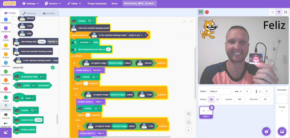 esparaTIC's tweet image. Entrenamiento de emociones 😐😄😢 con Machine Learning empleando 3 en 1:
1️⃣MLK @MLforKids 🧑🏻‍💻 clasificando imágenes y entrenando
2️⃣Programación con @scratch 🐈  
3️⃣Conecta la extensión de bloques de la placa @microbit_edu Ⓜ️
@CodeWeekEU