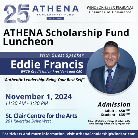 Order your tickets now for the #ATHENAScholarship 25th Anniversary Luncheon on Nov 1st! Join us in celebrating this year’s recipients and hear from keynote speaker Eddie Francis, WFCU Credit Union President &amp; CEO. More info: AthenaScholarshipWindsor.com #Celebrating25Years #YQG