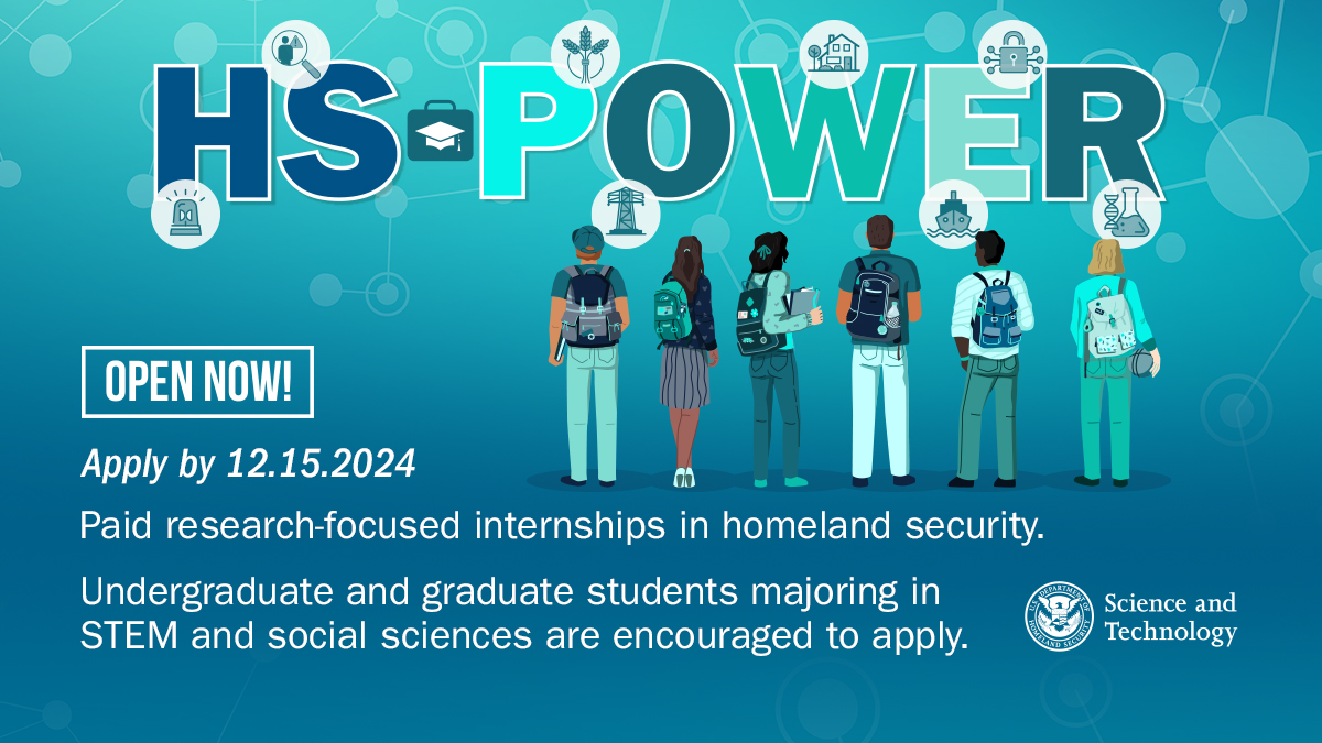 📢 Apply now through Dec. 15 for HS-POWER paid internships with #DHS. Graduate &amp; undergraduate students majoring in a broad spectrum of homeland security-related disciplines are encouraged to apply.

Apply today: bit.ly/3CwCUcQ