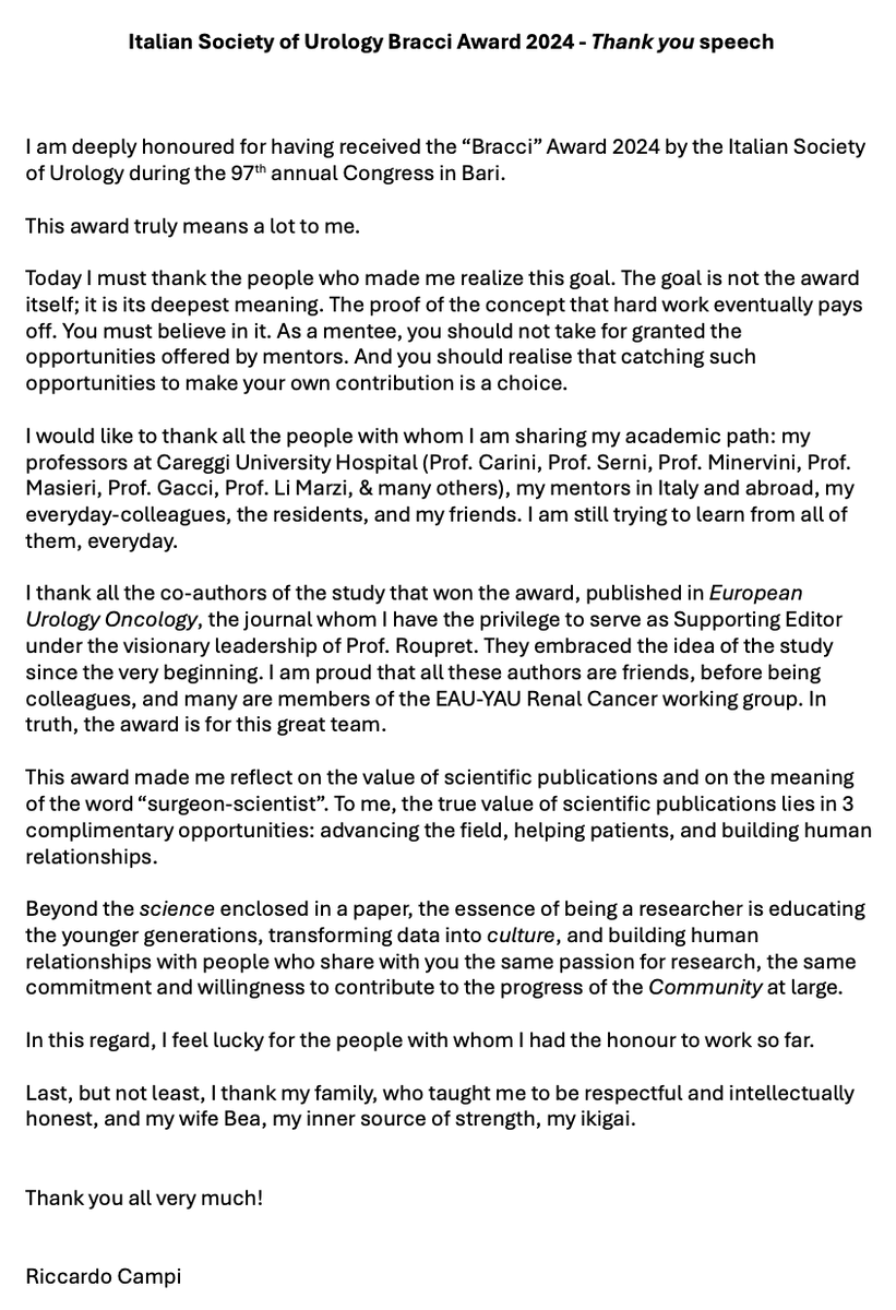 Ric_Campi's tweet photo. Too many words for a single tweet.
This is my #Thankyou speech for winning the #Bracci Award 2024 by @SIU_Italia for the best paper published in the peer-reviewed urologic literature in 2023.
https://t.co/Gt27VqVBwx in @EurUrolOncol
Thank you @SIU_Italia & all! https://t.co/p47iT4qSUF