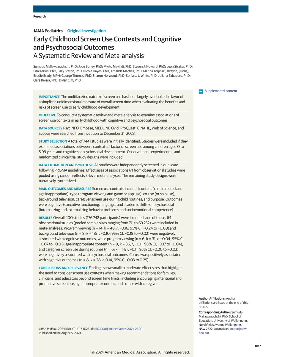 JAMA Pediatrics (@jamapediatrics) on Twitter photo The results of this systematic review and meta-analysis suggest the importance of screen use contexts (type, content, co-use, background or caregiver use) for child cognitive and psychosocial outcomes, beyond total or overall screen time. <a href="/digitalchildau/">ARC Centre of Excellence for the Digital Child</a>
ja.ma/3ZVKPgZ The results of this systematic review and meta-analysis suggest the importance of screen use contexts (type, content, co-use, background or caregiver use) for child cognitive and psychosocial outcomes, beyond total or overall screen time. <a href="/digitalchildau/">ARC Centre of Excellence for the Digital Child</a>
ja.ma/3ZVKPgZ