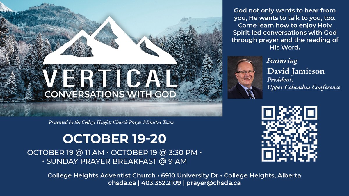 ABAdventist's tweet photo. Join College Heights Adventist Church for a special series on prayer. All presentations will be at the church at 6910 University Dr, College Heights, Alberta. For more information, see https://t.co/eLDfDT7cAk.
#CollegeHeightsAdventistChurch #PrayerSeries https://t.co/dJCKGVDYMB