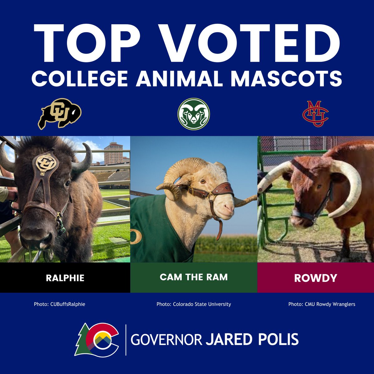 Governor Jared Polis (@govofco) on Twitter photo The results are in for your favorite Colorado college live mascots!
Here are the top 3 favorite Colorado live mascots from my followers:
Ralphie from <a href="/CUBoulder/">CU Boulder 🦬</a>, Cam the Ram from <a href="/ColoradoStateU/">Colorado State University</a>, and Rowdy from <a href="/ColoradoMesaU/">Colorado Mesa University</a> The results are in for your favorite Colorado college live mascots!
Here are the top 3 favorite Colorado live mascots from my followers:
Ralphie from <a href="/CUBoulder/">CU Boulder 🦬</a>, Cam the Ram from <a href="/ColoradoStateU/">Colorado State University</a>, and Rowdy from <a href="/ColoradoMesaU/">Colorado Mesa University</a>