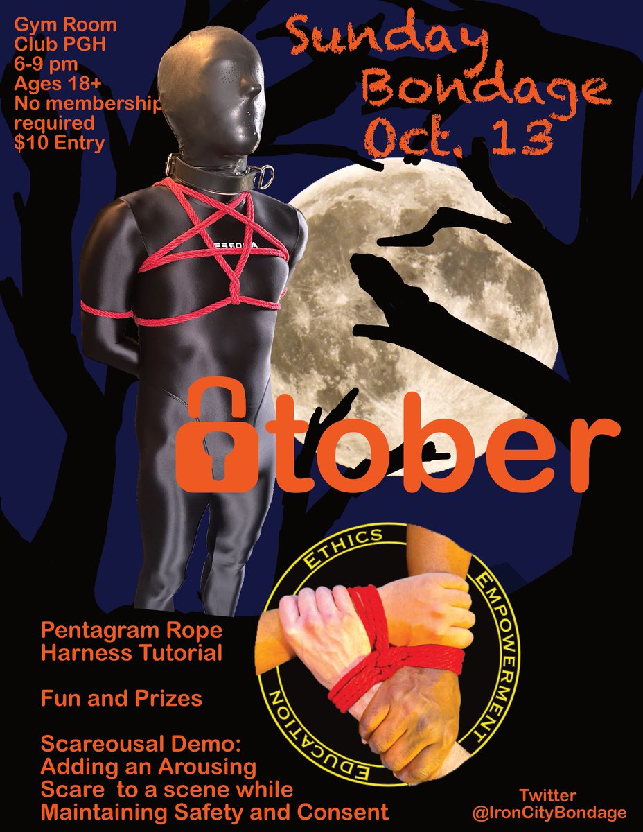 Join us tomorrow October 13th in celebrating Locktober Halloween at our monthly Bondage get together!  6-9pm. Prize for three most creative Halloween/Loctober gear! Mummification, bondage, and some short demos also!  Looking forward to see you there!