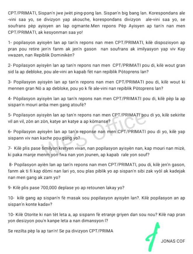 CPT/PRIMATI
SISPAN'N PING/PONG KORESPONDANS ALE VINI SAA YO!
FOUCHÈT DIVIZYON PA BWÈ SOUP DEMOKRASI! 
SE REZILTA PÈP LA AP TAN'N