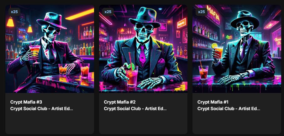 💀 Crypt Mafia - $BONES Mint is LIVE 💀

Three exclusive new pieces, available only through $BONES!

🎨 Limited to 25 Editions each – First come, first served!

👉 Learn more and join the mint via Discord. 

#CryptSocialClub #NFTMint