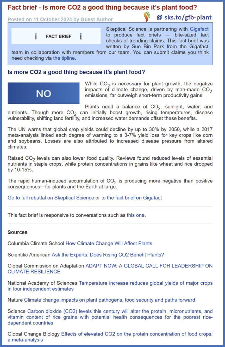 Fact Brief #17: 

Q: Is more CO2 a good thing because it’s plant food?
A: NO - While CO2 is necessary for plant growth, the negative impacts of climate change, driven by man-made CO2 emissions, far outweigh short-term productivity gains. [..] 

sks.to/gfb-plant?utm-…