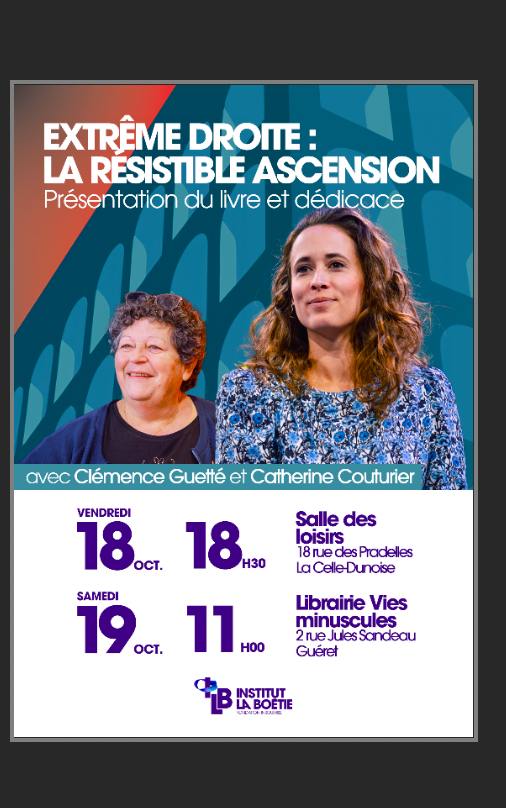 CouturierCathy's tweet photo. Très bon accueil ce matin au marché de #LaSouterraine pour préparer la conférence de @Clemence_Guette en #Creuse
Un ouvrage co-écrit par des sociologues chercheurs historiens et politiques pour nous aider à combattre l'extrême droite.
Rdv La Celle Dunoise le 18 oct à 18h30. https://t.co/a96MK83e3Q