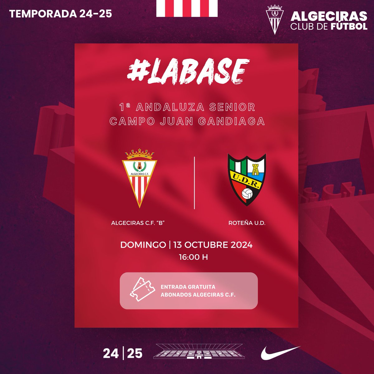 AlgecirasCF's tweet image. 🔴⚪️ #LaBase 𝐀𝐋𝐆𝐄𝐂𝐈𝐑𝐀𝐒 𝐂.𝐅 “𝐁”

🗓️ Domingo 13 Octubre
🕗 16:00 h
📍 Campo Juan Gandiaga
🎟️ Entrada Gratuita Abonados Algeciras C.F.

#SéParteDelÉxito