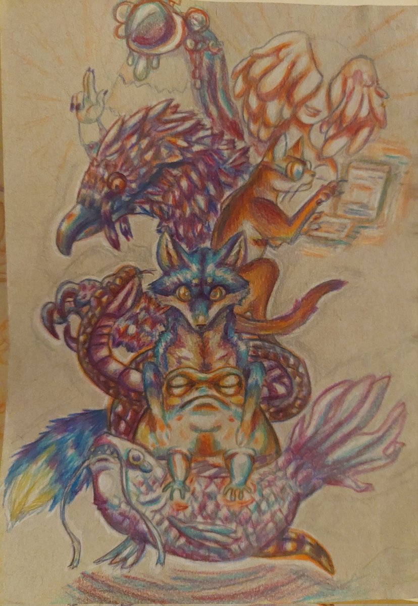 ClusterCritter's tweet image. Updated prismatic animals! Due to circumstances, I won&apos;t be able to work more with the physical ver. of this.

#pluralart #ifstherapy #IFSart #traditionalartwork #fox #carp #vulture #cat #innerworld #ballpython #rainfrog #singapura #beardedvulture #pencilcrayonart #pluralgang