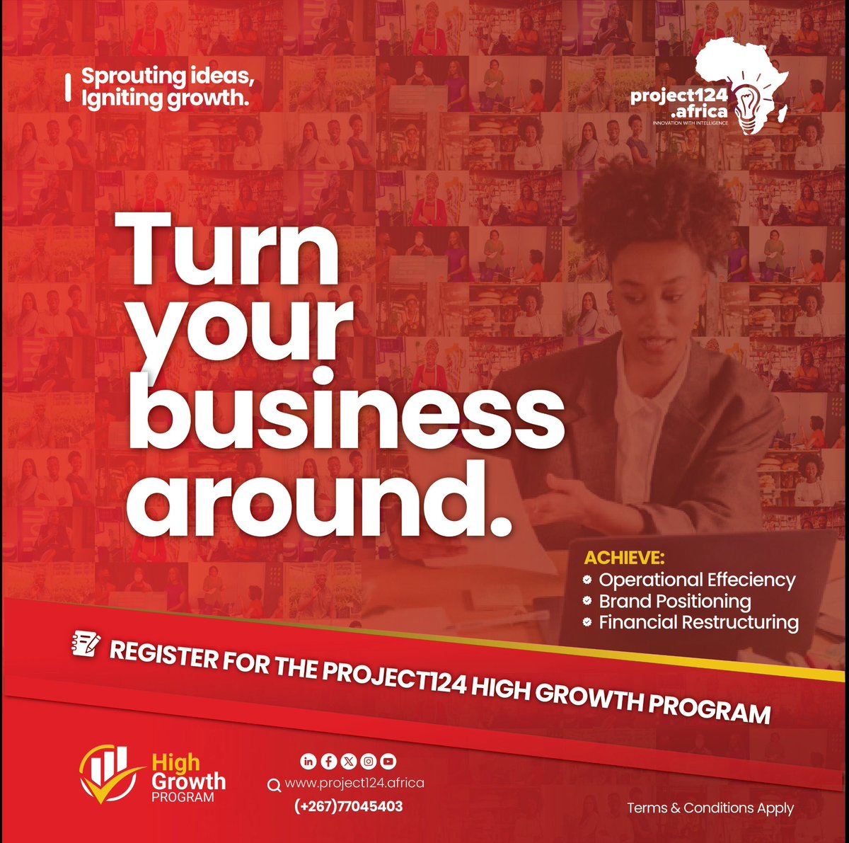 gkhutsafalo's tweet photo. Tag an entrepreneur whose business needs a turnaround.

@Project124A is calling them to the High Growth Program.

Powered by @Hollard Botswana 

REGISTER HERE
https://t.co/vyFL7HAR7P https://t.co/K3qS1sObbS