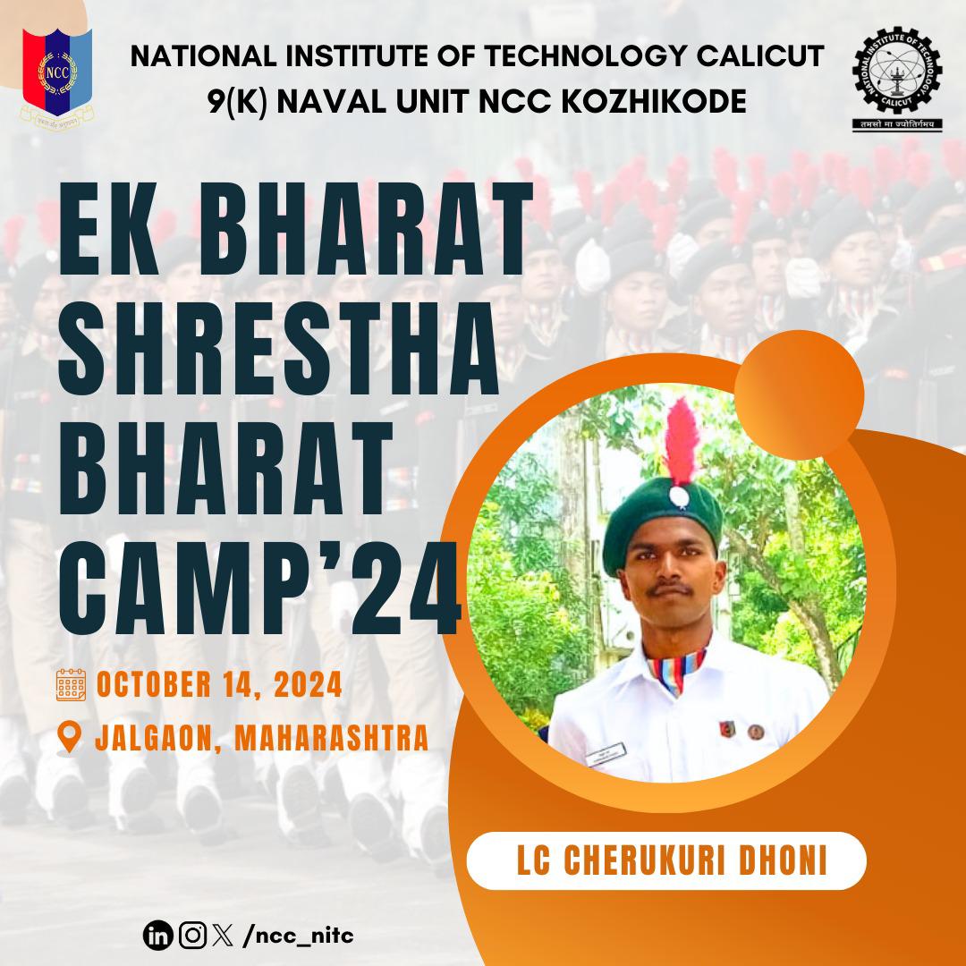 NCCNITC's tweet photo. "Unity in diversity, strength in culture!"
We're proud to announce that LC Cherukuri  Dhoni will represent @NCCNITC at the Ek Bharat Shreshtha Bharat (EBSB) Camp 2024 in Maharashtra, starting October 14th. This cultural camp promotes unity through India's diverse heritage. https://t.co/a6ebFNwDwk