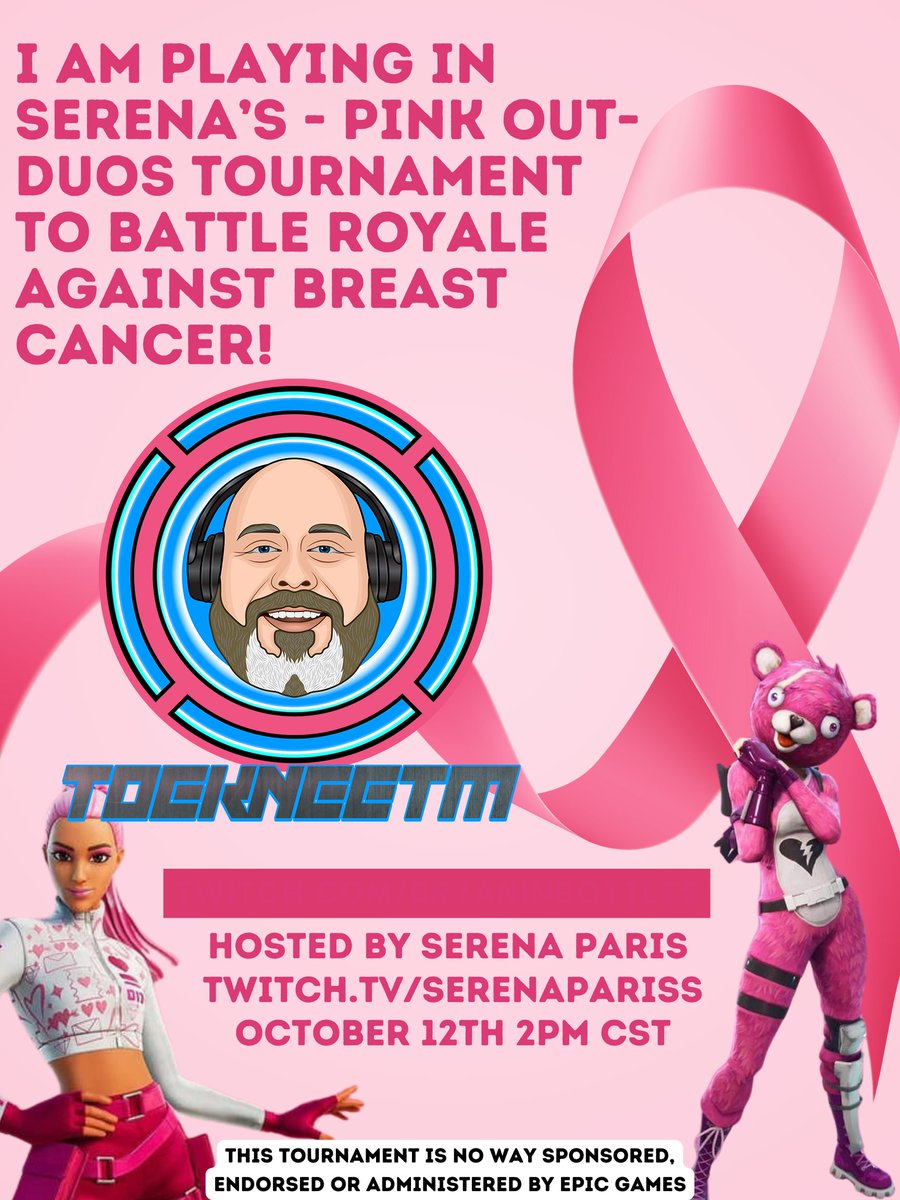 ToeKneeTM🤖 (@toekneetm) on Twitter photo Come watch me and <a href="/randobeantv/">Bean 🌱</a> do our best to beat <a href="/HippoReuben/">Reuben the hippo</a> and <a href="/NoobtasticLori/">Noobtastic</a> in the <a href="/serena_parisss/">Serena Paris 🔜 DreamHack Atlanta</a> Pink Out Duos Tournament to Battle Royale Against Breast Cancer.
Come cheer us on and help save the Tatas from 6-9pm then we'll switch to Marbles. Twitch.tv/ToeKneeTM Come watch me and <a href="/randobeantv/">Bean 🌱</a> do our best to beat <a href="/HippoReuben/">Reuben the hippo</a> and <a href="/NoobtasticLori/">Noobtastic</a> in the <a href="/serena_parisss/">Serena Paris 🔜 DreamHack Atlanta</a> Pink Out Duos Tournament to Battle Royale Against Breast Cancer.
Come cheer us on and help save the Tatas from 6-9pm then we'll switch to Marbles. Twitch.tv/ToeKneeTM