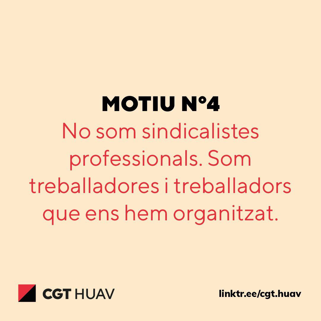 No som sindicalistes professionals.

Som treballadores i treballadors que ens hem organitzat.

[Malgrat algunxs no ho entenguin]

Molt encertat, @cgt_huav
