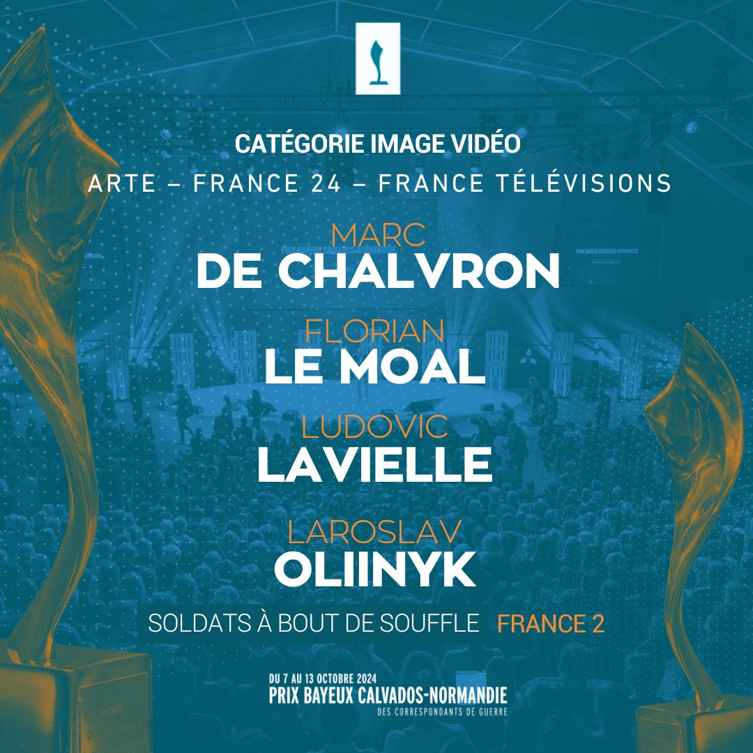 Prix Bayeux Calvados-Normandie (@prixbayeux) on Twitter photo 🏆 Le Trophée de l'Image #Vidéo 📽️ – Prix <a href="/ARTEfr/">ARTE</a> <a href="/FRANCE24/">FRANCE 24</a> et <a href="/Francetele/">France Télévisions</a> est attribué à <a href="/marcdechalvron/">Marc de Chalvron</a>, <a href="/flolml/">Florian Le Moal</a>, Ludovic Lavielle et Laroslav Oliinyk pour leur reportage "Soldats à bout de souffle" pour #France2 👏
#Palmarès #Awards #PBCN2024 #Ukraine #RussiaUkraineConflict 🏆 Le Trophée de l'Image #Vidéo 📽️ – Prix <a href="/ARTEfr/">ARTE</a> <a href="/FRANCE24/">FRANCE 24</a> et <a href="/Francetele/">France Télévisions</a> est attribué à <a href="/marcdechalvron/">Marc de Chalvron</a>, <a href="/flolml/">Florian Le Moal</a>, Ludovic Lavielle et Laroslav Oliinyk pour leur reportage "Soldats à bout de souffle" pour #France2 👏
#Palmarès #Awards #PBCN2024 #Ukraine #RussiaUkraineConflict