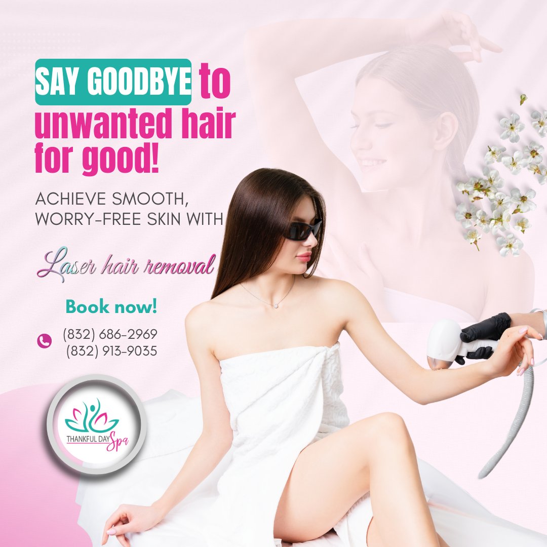 ThankfulDaySpa's tweet photo. 🌿Say goodbye to unwanted hair forever!
Laser hair removal is your ultimate solution for smooth, irritation-free skin, without the hassle.✨
💞 https://t.co/av8x55Hm0m