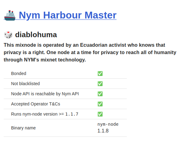 RocioGonzalezT9's tweet image. Mision: "Enable privacy for all humanity"
How: Running decentralized nodes for the Nym mixnet, I present you the mixnode “Diablo Huma”.
@nymproject #NodeOperator #Nym