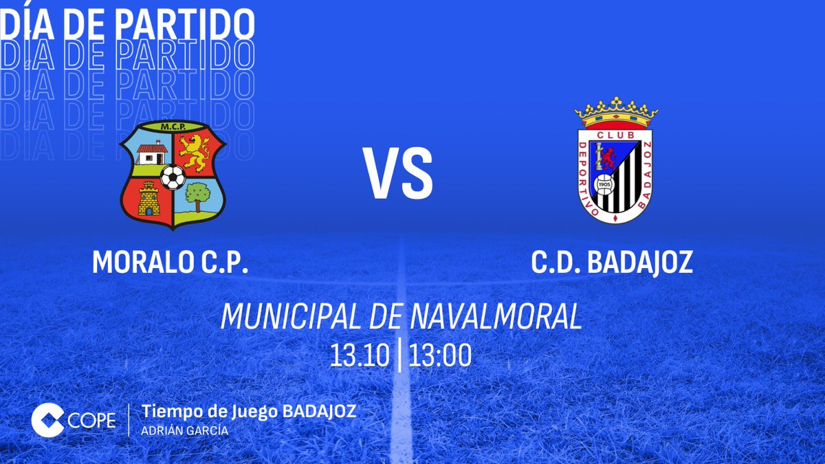 COPE Badajoz (@cope_badajoz) on Twitter photo 📣 ¡Juega el Badajoz, pon la COPE!
Este domingo, desde las 12.40h, te contamos todo lo que ocurra entre <a href="/MORALO_CP/">MORALO CP</a> y <a href="/CDBadajoz/">CD Badajoz</a> en el 1269OM, web y app.
🎙️ <a href="/Garcia_Duran_/">Adrián García</a>
🎓 <a href="/antolopez1928/">Marcos Antonio Lopez</a>
📋 <a href="/Josemariaszv_/">Pepo</a>
🏟️ <a href="/miriamgarrigam/">Míriam Garriga</a>
#ElBadajozenCOPE | 🎤🔵 📣 ¡Juega el Badajoz, pon la COPE!
Este domingo, desde las 12.40h, te contamos todo lo que ocurra entre <a href="/MORALO_CP/">MORALO CP</a> y <a href="/CDBadajoz/">CD Badajoz</a> en el 1269OM, web y app.
🎙️ <a href="/Garcia_Duran_/">Adrián García</a>
🎓 <a href="/antolopez1928/">Marcos Antonio Lopez</a>
📋 <a href="/Josemariaszv_/">Pepo</a>
🏟️ <a href="/miriamgarrigam/">Míriam Garriga</a>
#ElBadajozenCOPE | 🎤🔵
