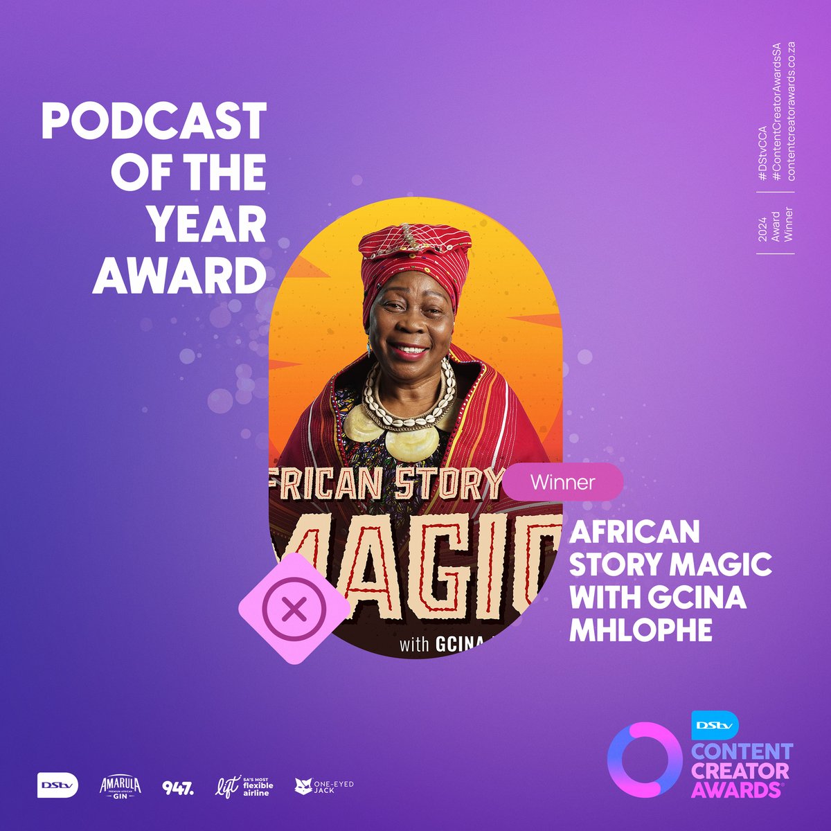 The award for the podcast of the year goes to African Story Magic with Gcina Mhlopphe!

She's kept us glued to every episode, and mastered the art of the mic. Big shoutout for dominating the podcast game and keeping us coming back for more!

#DStvCCA #ContentCreatorAwardsSA