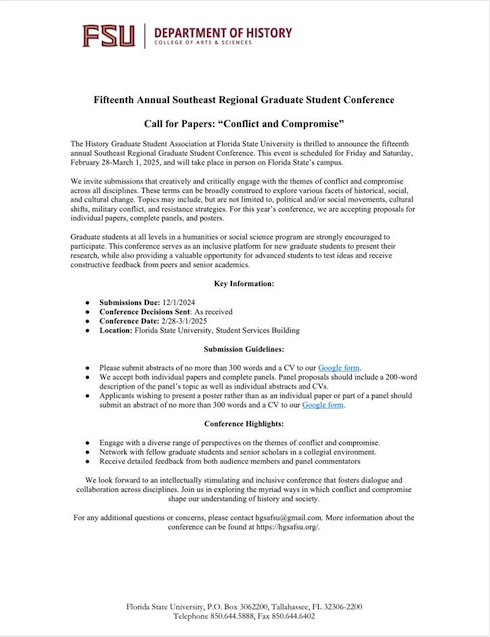 SWWResearchNA's tweet photo. CfP for February 2025 graduate student conference @FloridaState on Conflict and Compromise. More: https://t.co/UhUL45HQ5F https://t.co/VjqJejZ94S