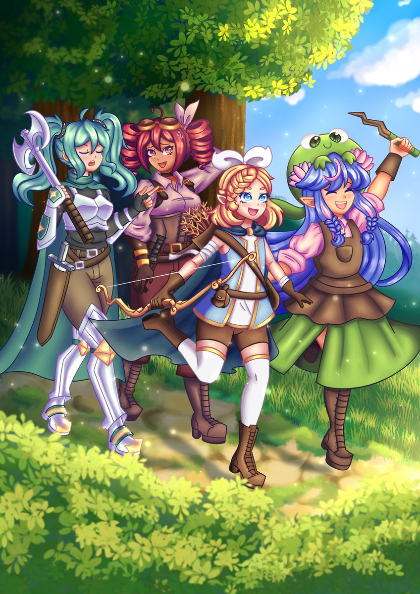 Miku, Teto, Rin, and Una just defeated a big boss monster and are celebrating their victory! Well… half of them are 🍄✨

My piece for <a href="/UponASynthZine/">Once Upon A Synth OUT NOW!!</a>!  🩵❤️💛💙