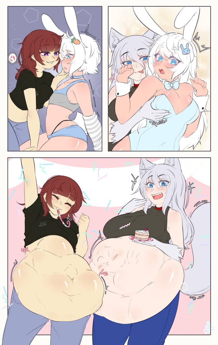 🔞🐰🐺 Huhuhu! Hello hello~! Here we have a lovely flat color comic commission for Sky, featuring <a href="/AuntieFloof/">Floofer 🔞</a> and a very rare pred Rowy! >:3 my my! 
Hope y'all like it ❤️🔞
[Oral vore][Same size][F/M and F/F][Tight bulges]

#vore #samesizevore #femalepred #oralvore