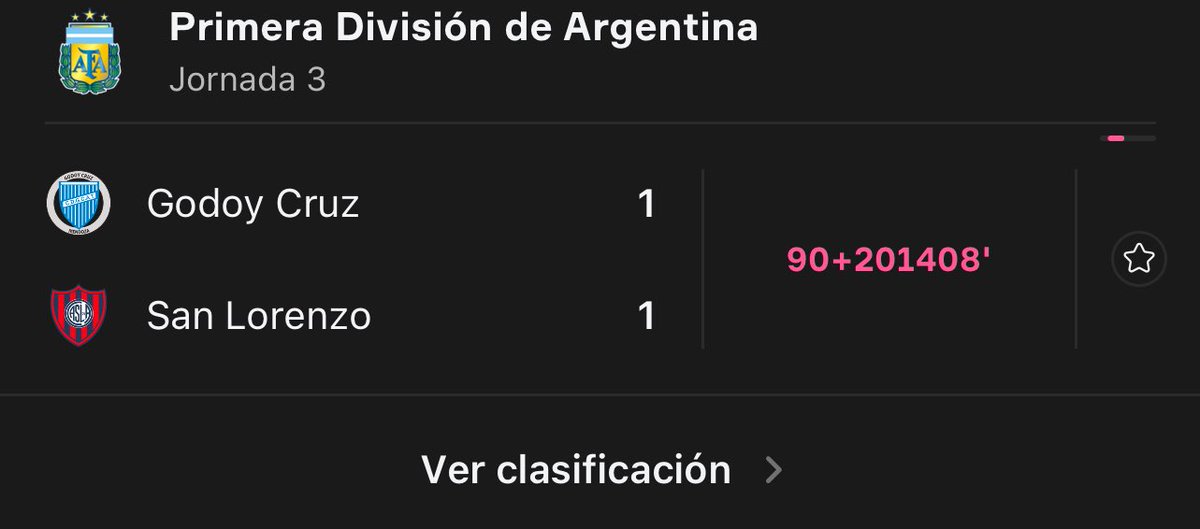 El partido entre Godoy Cruz y San Lorenzo se suspendió el 25 de mayo, fecha 3 de la Liga. Hoy se jugaron los 41 min que quedaban pendientes. Para Onefootball, la lógica fue que al partido se le adicionaron 201.400 minutos, lo que da 139 días. Por lo tanto, se sigue jugando hoy.