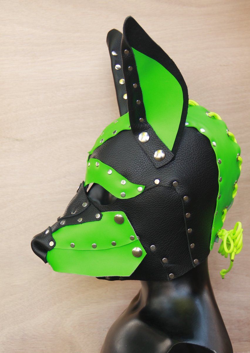 armored_dragon's tweet photo. Neon green pup hood! 

Designed this one for comfort and flexibility. The ears and snout snap on, and I'm planning on making more designs that can be swapped onto the base mask. Similar to the classic pup hood style, but with better shaping. https://t.co/eoKKKVYvq8