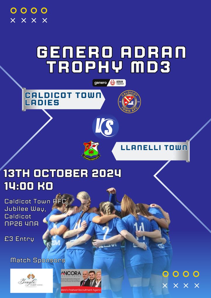 🚨 Sunday Matchday 🚨

On Sunday 13th we host @LlanelliLadies in the final group stage game of the <a href="/AdranLeagues/">Genero Adran Leagues 🏴󠁧󠁢󠁷󠁬󠁳󠁿</a> Trophy. Get along to support the girls. 

🏟️Jubilee Way 
⚽️14:00
🎟️ £3 Entry

#UppaTown 🔵