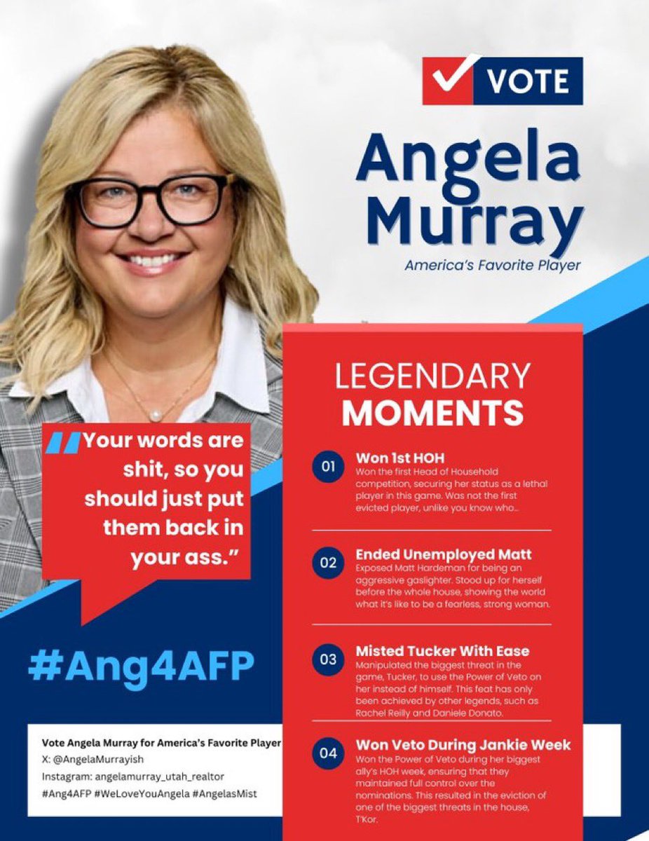 itsKarenMiller's tweet photo. Daily reminder to vote for Angela for AFP, let’s make not just Matt but the whole cast have crazy eyes during finale 🔥 #bb26 #AngelaForAFP https://t.co/9pyMVM2yu0