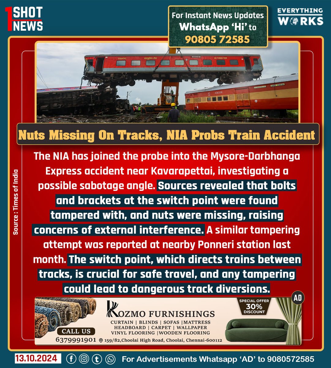 HereWorks's tweet photo. The National Investigation Agency (NIA) has joined the probe into the Mysore-Darbhanga Express accident near Kavarapettai, investigating a possible sabotage angle. Sources revealed that bolts and brackets at the switch point were found tampered with, and nuts were missing, raising concerns of external interference. A similar tampering attempt was reported at nearby Ponneri station last month. The switch point, which directs trains between tracks, is crucial for safe travel, and any tampering could lead to dangerous track diversions.

#1ShotNews | #NIA | #Kavarapettai | #MysoreDarbhangaExpress | #TrainAccident | #Ponneri | #Chennai | #BagmatiExpress | #SouthernRailways | #Tamilnadu | #TamilnaduNews