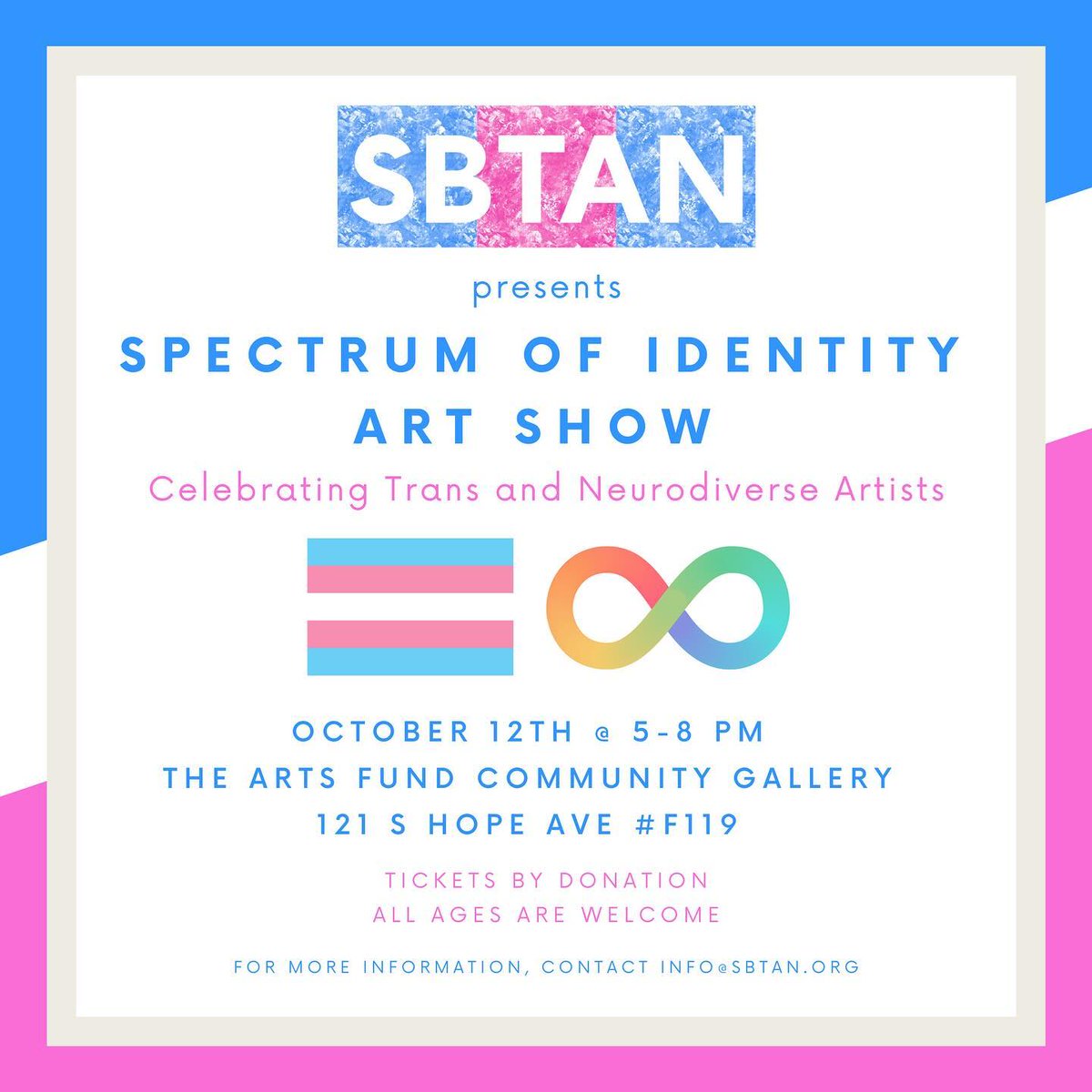 The Arts Fund (@artsfundsb) on Twitter photo TODAY: celebrate the <a href="/sbtanorg/">Santa Barbara Transgender Advocacy Network</a> Spectrum of Identity Art Show Celebrating Trans &/or Neurodiverse Artists with us! Formal program will run from 6pm-8pm in our La Cumbre Plaza Community Gallery. TODAY: celebrate the <a href="/sbtanorg/">Santa Barbara Transgender Advocacy Network</a> Spectrum of Identity Art Show Celebrating Trans &/or Neurodiverse Artists with us! Formal program will run from 6pm-8pm in our La Cumbre Plaza Community Gallery.